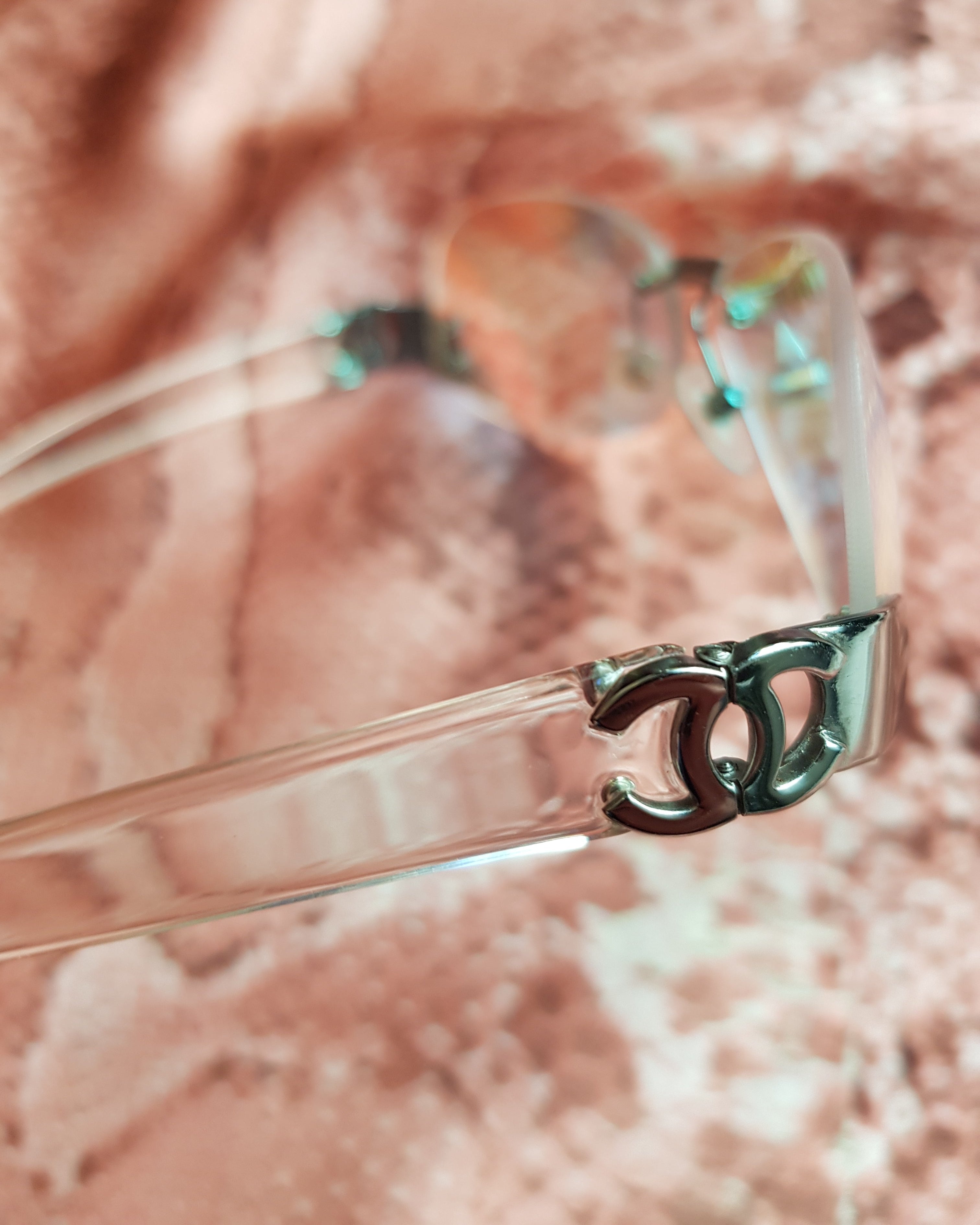CHANEL clear holographic CC silver rimless Sunglasses 2000