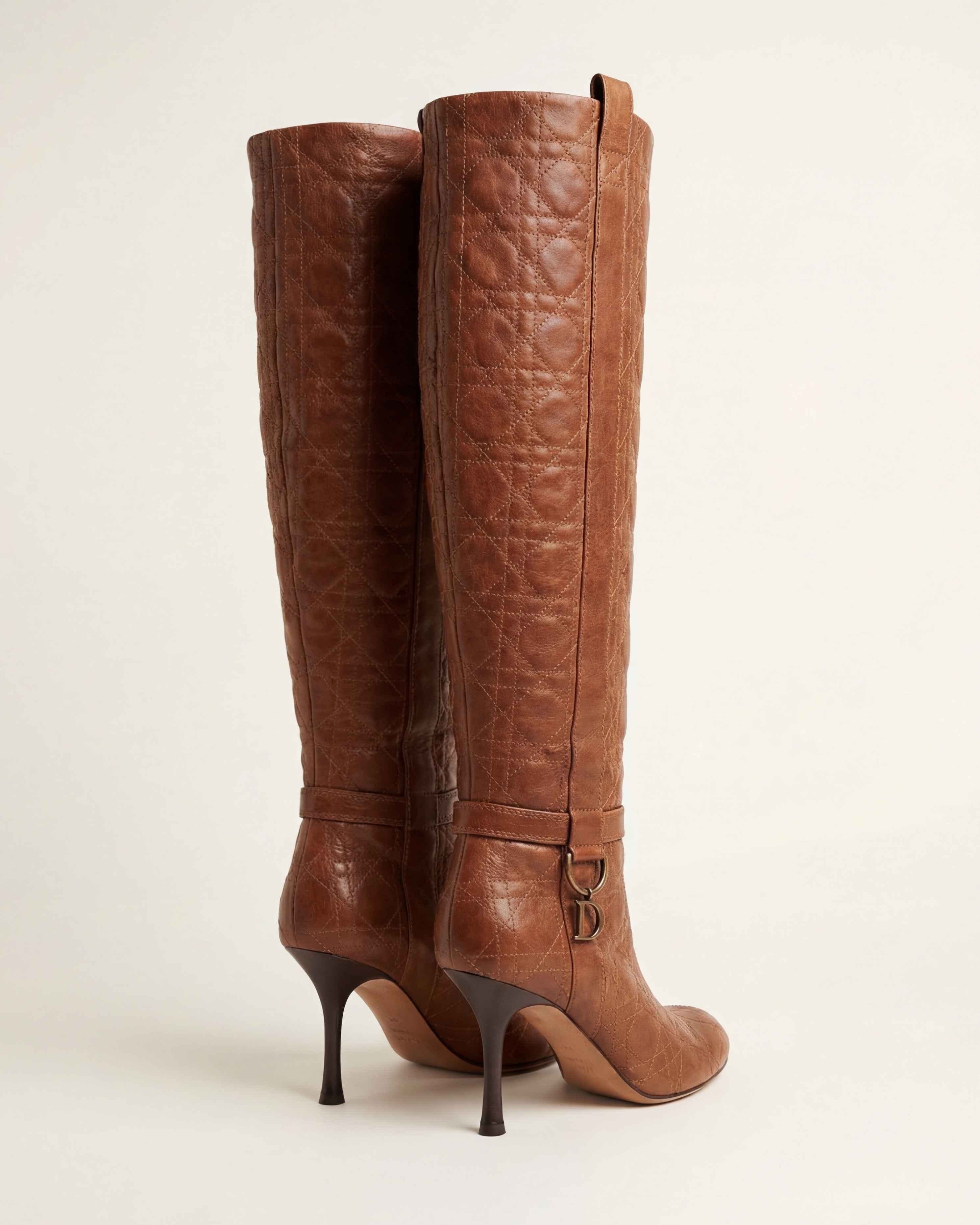 CHRISTIAN DIOR Brown Quilted Knee-High Stiletto Boots circa 2000