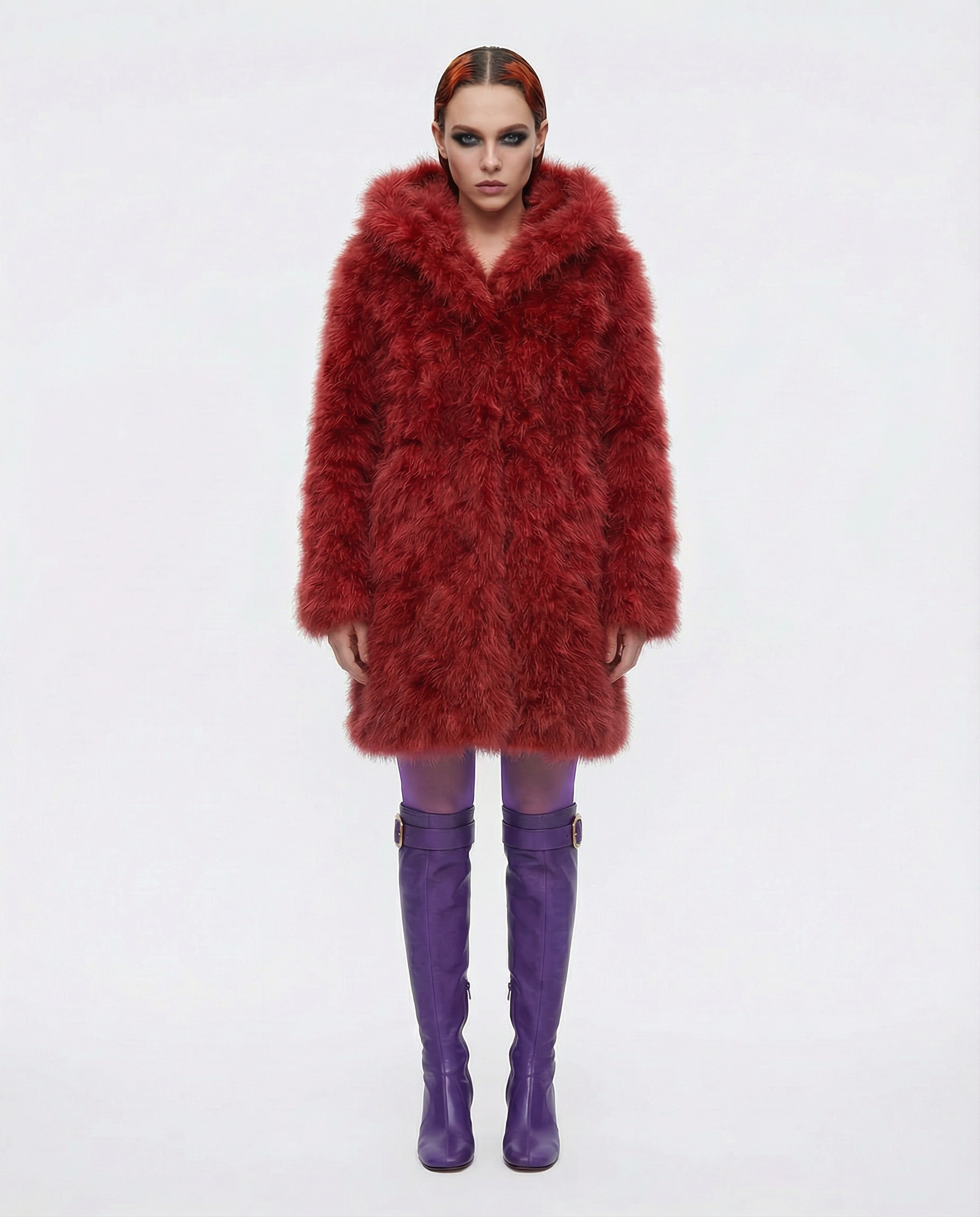 SONIA RYKIEL Coral emu feather Coat with Hood circa 2000