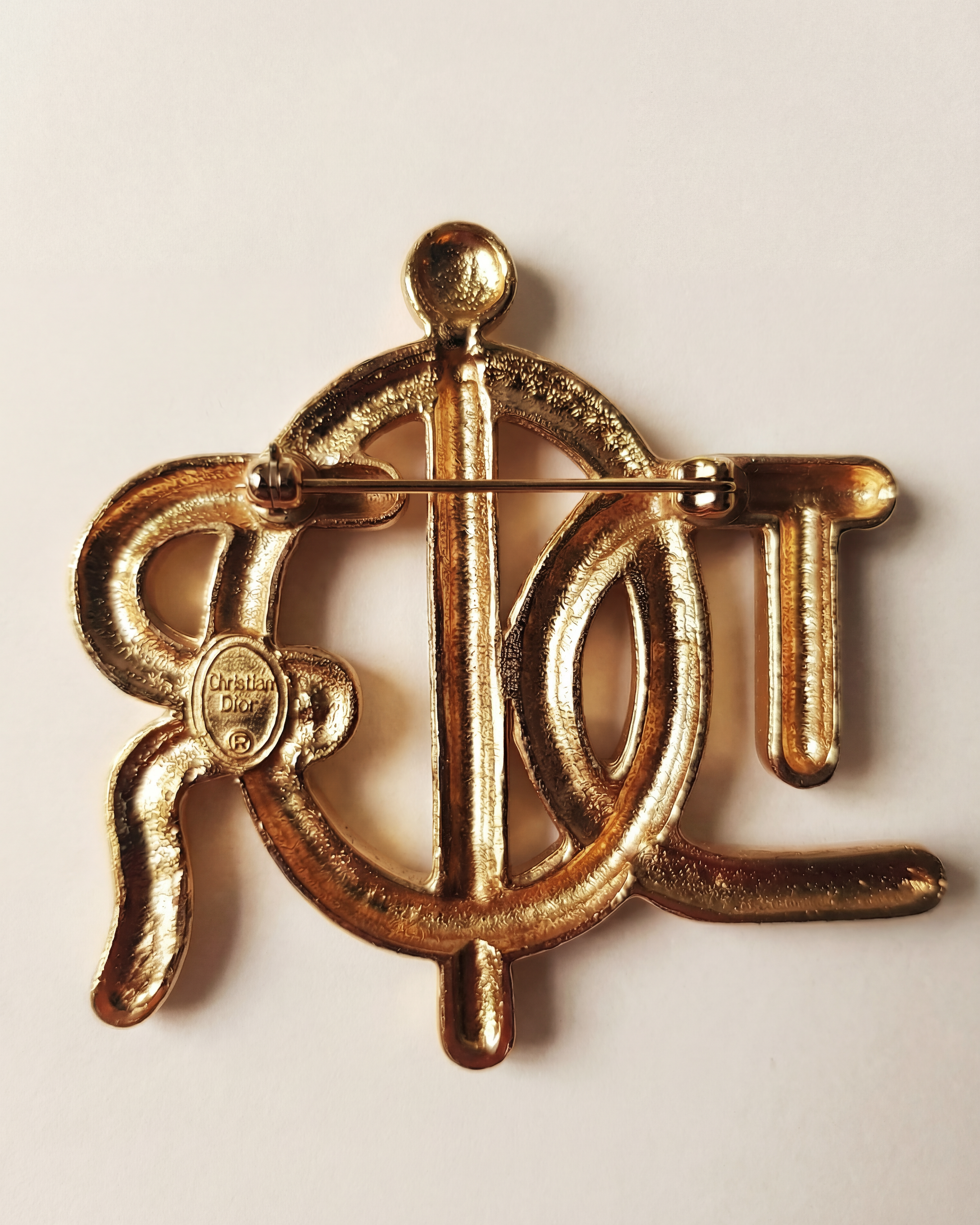 CHRISTIAN DIOR gold Monogram Brooch 1980