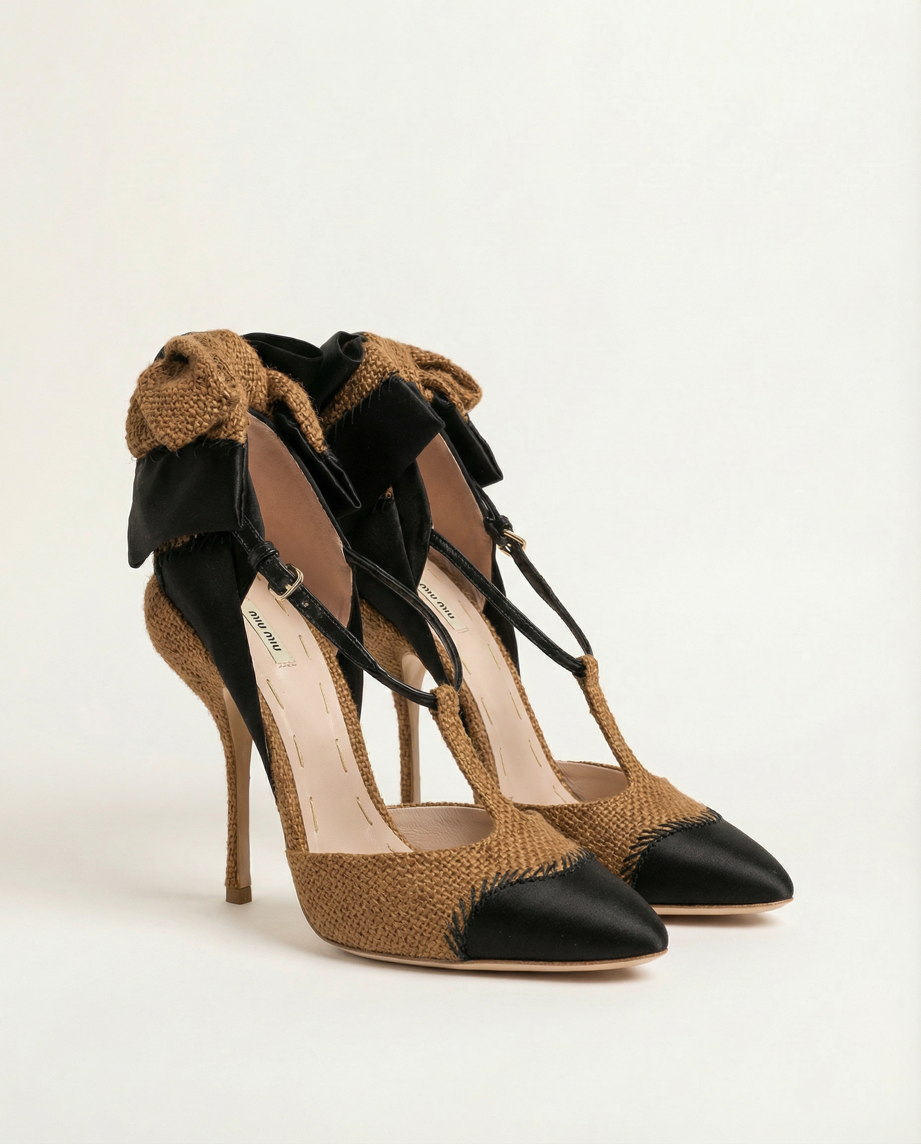 MIU MIU Jute & Black Satin Bow Back Mary Jane Pump SS 2009