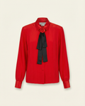 STARINGTON Red Silk Blouse with Black Bow & Rose Brooch Late 1980s