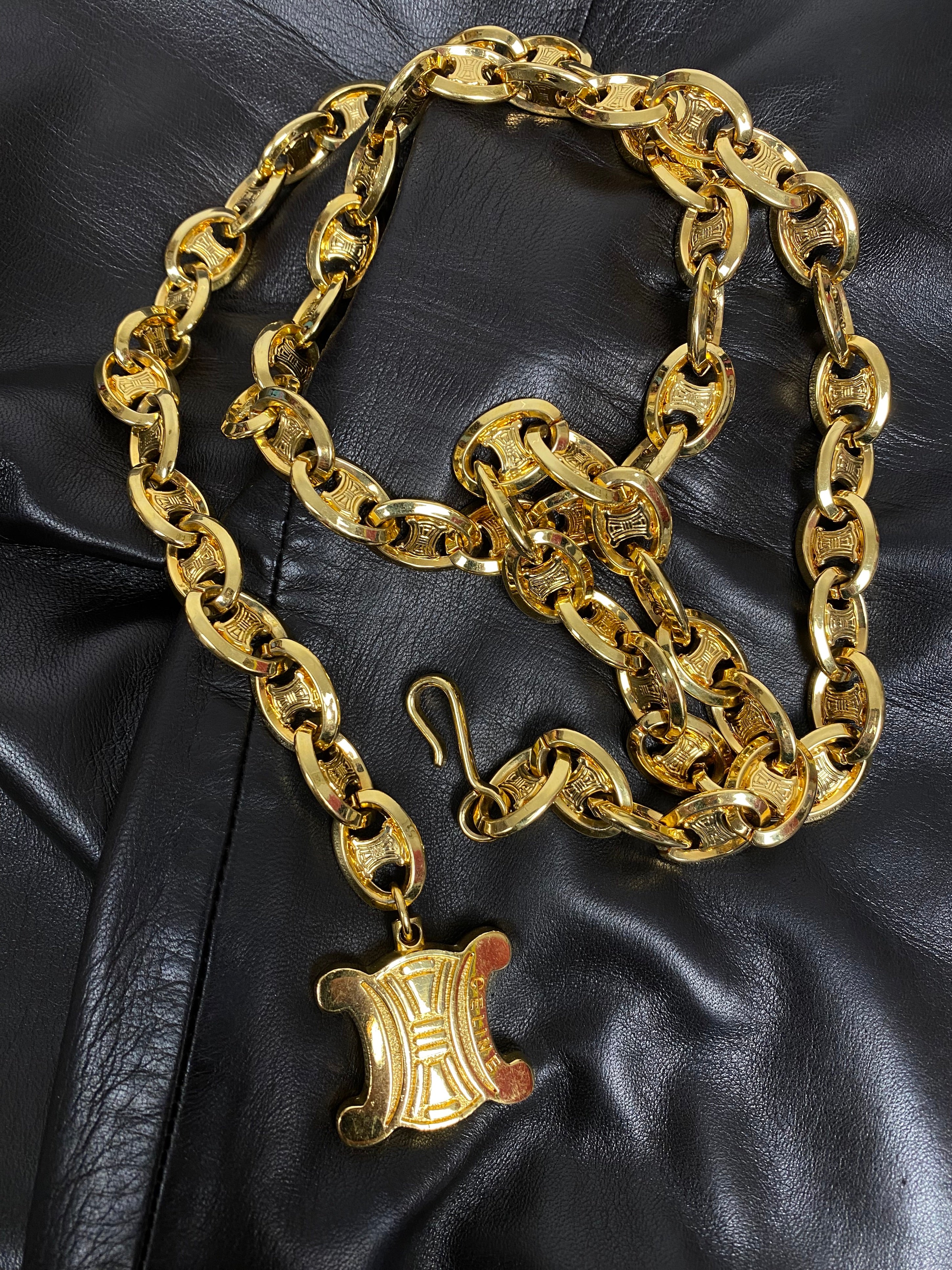 CELINE Brown Leather Trousers with Gold Chain Late 1990