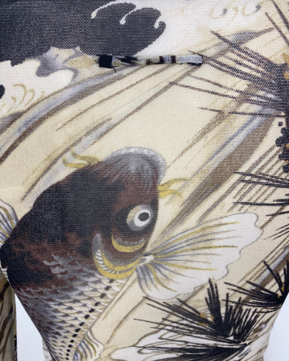 JEAN PAUL GAULTIER Grey Koi Fish Tattoo Print Mesh Top 1990